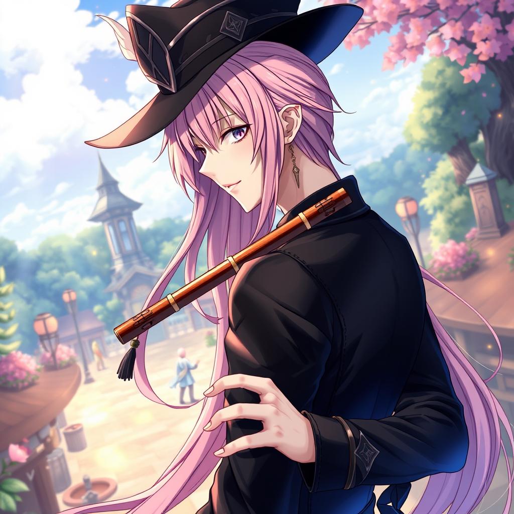 A captivating light novel cover featuring a male character with long, flowing pink hair that gracefully falls down his back