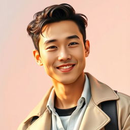 A stylish portrait of a young Asian male with soft features, styled hair, and a charming smile
