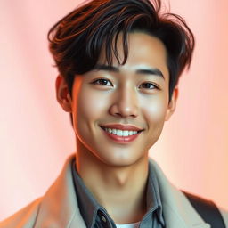 A stylish portrait of a young Asian male with soft features, styled hair, and a charming smile