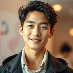 A stylish portrait of a young Asian male with soft features, styled hair, and a charming smile