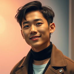 A stylish portrait of a young Asian male with soft features, styled hair, and a charming smile