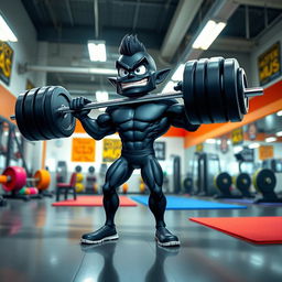 A cartoon character with a sleek black color, energetically lifting a heavy barbell in a gym