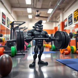 A cartoon character with a sleek black color, energetically lifting a heavy barbell in a gym