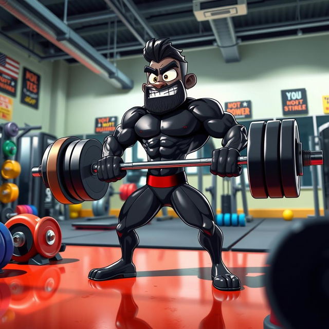 A cartoon character with a sleek black color, energetically lifting a heavy barbell in a gym