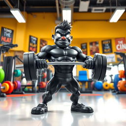 A cartoon character with a sleek black color, energetically lifting a heavy barbell in a gym