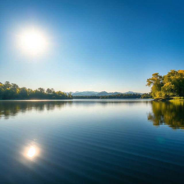 A serene landscape depicting a tranquil lake surrounded by lush green trees under a clear blue sky