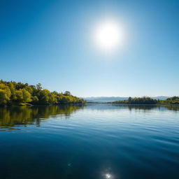 A serene landscape depicting a tranquil lake surrounded by lush green trees under a clear blue sky