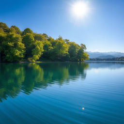 A serene landscape depicting a tranquil lake surrounded by lush green trees under a clear blue sky