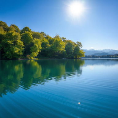 A serene landscape depicting a tranquil lake surrounded by lush green trees under a clear blue sky