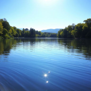 A serene landscape depicting a tranquil lake surrounded by lush green trees under a clear blue sky