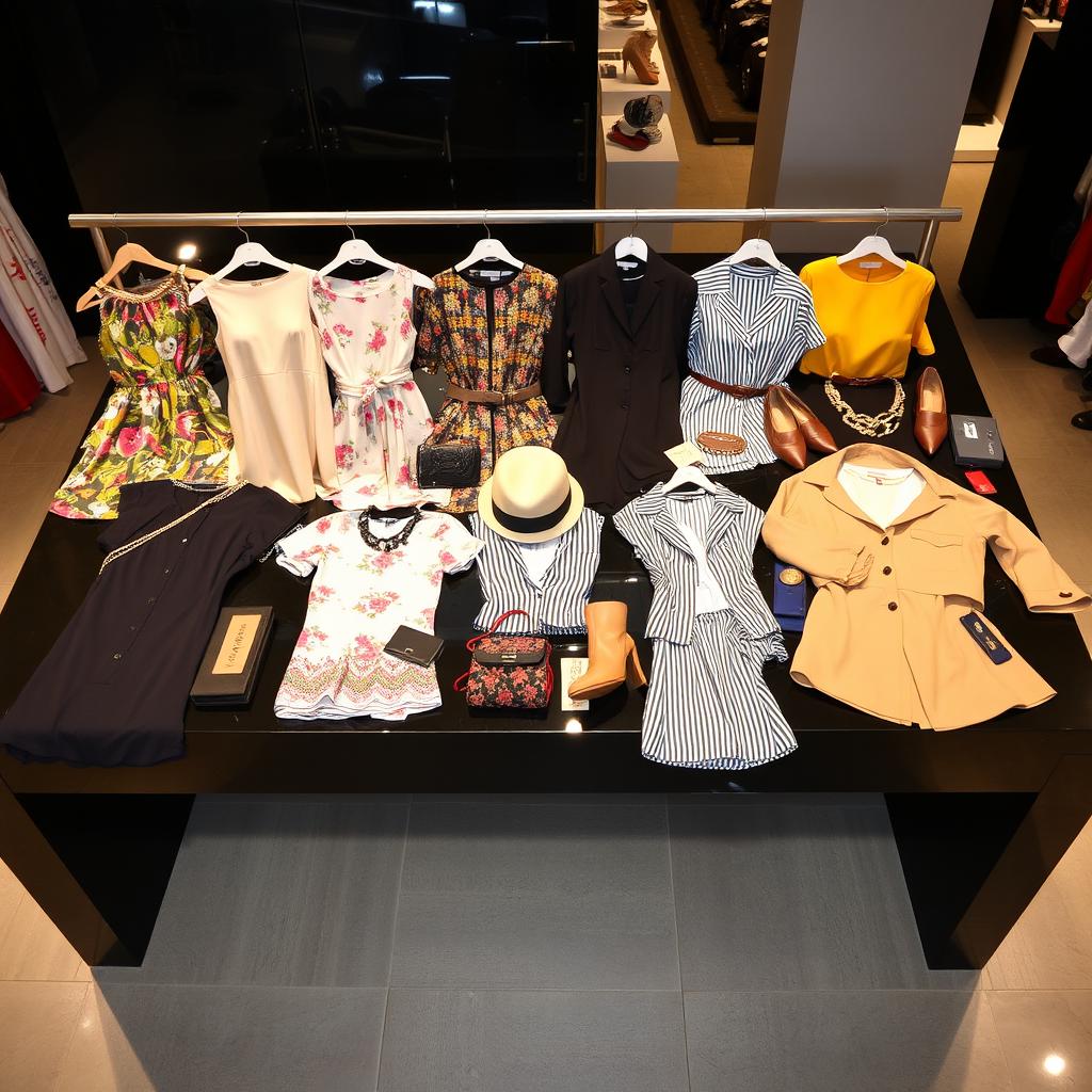 a collection of stylish and fashionable clothing laid out on a sleek black display table, showcasing a variety of garments including elegant evening dresses, casual streetwear, and professional attire