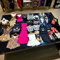 a collection of stylish and fashionable clothing laid out on a sleek black display table, showcasing a variety of garments including elegant evening dresses, casual streetwear, and professional attire