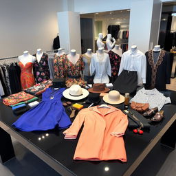 a collection of stylish and fashionable clothing laid out on a sleek black display table, showcasing a variety of garments including elegant evening dresses, casual streetwear, and professional attire