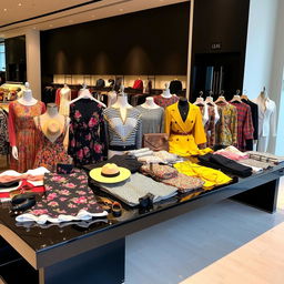 a collection of stylish and fashionable clothing laid out on a sleek black display table, showcasing a variety of garments including elegant evening dresses, casual streetwear, and professional attire
