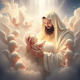 A celestial and tranquil representation of the birth of Fatimah, depicted with a soft, undefined facial features and a luminous white complexion, cradled in the arms of Prophet Muhammad, who also has a gentle, undefined face and a radiant white appearance