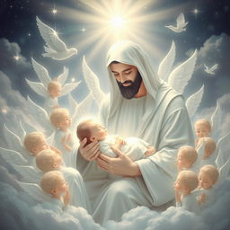A celestial and tranquil representation of the birth of Fatimah, depicted with a soft, undefined facial features and a luminous white complexion, cradled in the arms of Prophet Muhammad, who also has a gentle, undefined face and a radiant white appearance