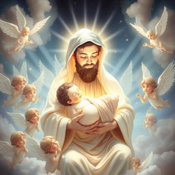 A celestial and tranquil representation of the birth of Fatimah, depicted with a soft, undefined facial features and a luminous white complexion, cradled in the arms of Prophet Muhammad, who also has a gentle, undefined face and a radiant white appearance