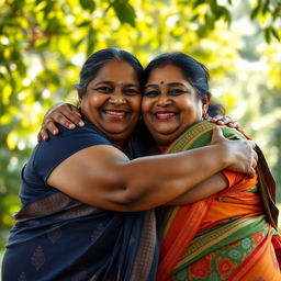 Two very fat Sri Lankan women embracing each other in a warm and affectionate hug, showcasing their joyful expressions and cultural beauty