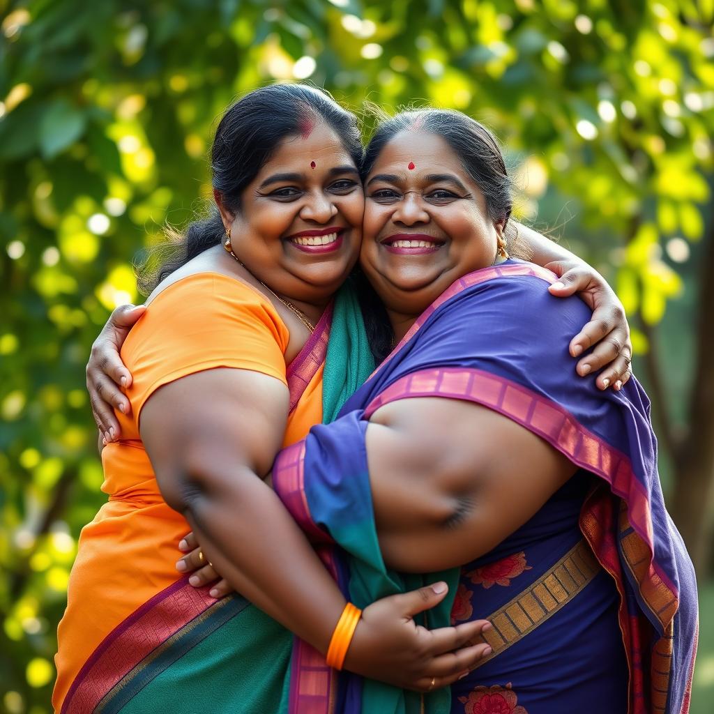 Two very fat Sri Lankan women embracing each other in a warm and affectionate hug, showcasing their joyful expressions and cultural beauty