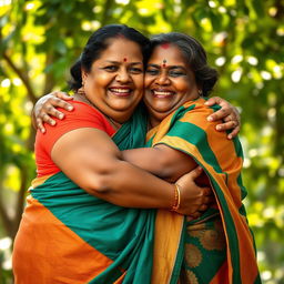 Two very fat Sri Lankan women embracing each other in a warm and affectionate hug, showcasing their joyful expressions and cultural beauty