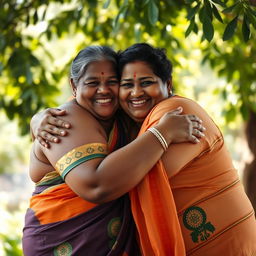 Two very fat Sri Lankan women embracing each other in a warm and affectionate hug, showcasing their joyful expressions and cultural beauty