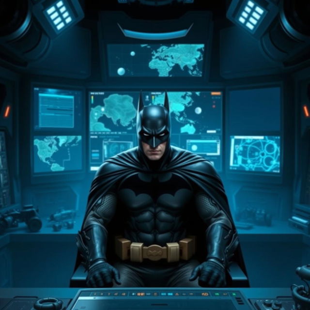 Batman in his Batcave, sitting in front of a giant computer screen, surrounded by high-tech gadgets and futuristic equipment