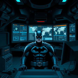 Batman in his Batcave, sitting in front of a giant computer screen, surrounded by high-tech gadgets and futuristic equipment