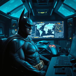 Batman in his Batcave, sitting in front of a giant computer screen, surrounded by high-tech gadgets and futuristic equipment
