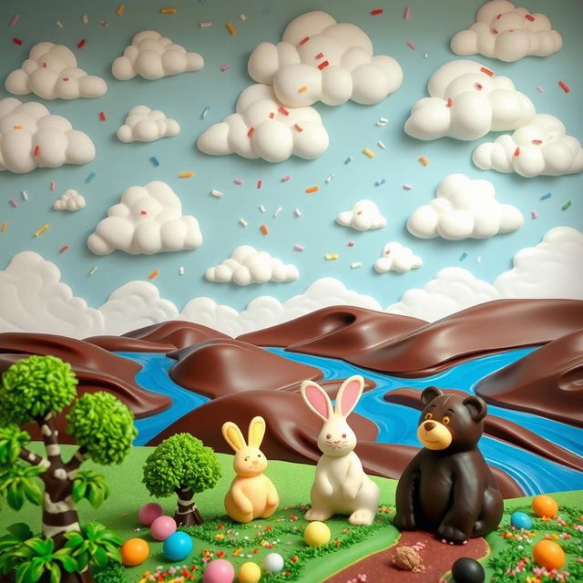 A whimsical and imaginative scene featuring a giant chocolate landscape, with rolling hills made of milk chocolate and rivers of dark chocolate flowing through it