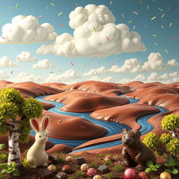 A whimsical and imaginative scene featuring a giant chocolate landscape, with rolling hills made of milk chocolate and rivers of dark chocolate flowing through it