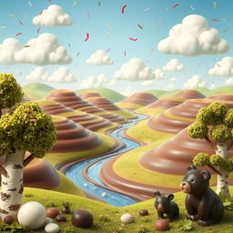 A whimsical and imaginative scene featuring a giant chocolate landscape, with rolling hills made of milk chocolate and rivers of dark chocolate flowing through it