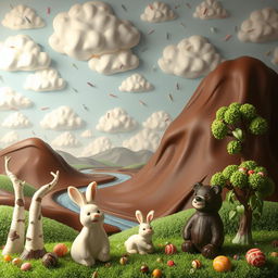 A whimsical and imaginative scene featuring a giant chocolate landscape, with rolling hills made of milk chocolate and rivers of dark chocolate flowing through it