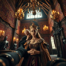 A first-person perspective view from within a grand, ancient castle filled with rich tapestries and intricate stonework