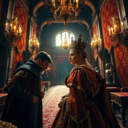 A first-person perspective view from within a grand, ancient castle filled with rich tapestries and intricate stonework