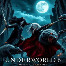 A dramatic scene from a fictional movie titled "Underworld 6: Rise of the Vampire," featuring a fierce battle between vampires and werewolves in a dark, gothic setting