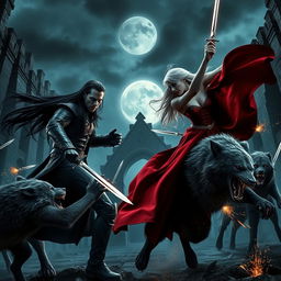 A dramatic scene from a fictional movie titled "Underworld 6: Rise of the Vampire," featuring a fierce battle between vampires and werewolves in a dark, gothic setting