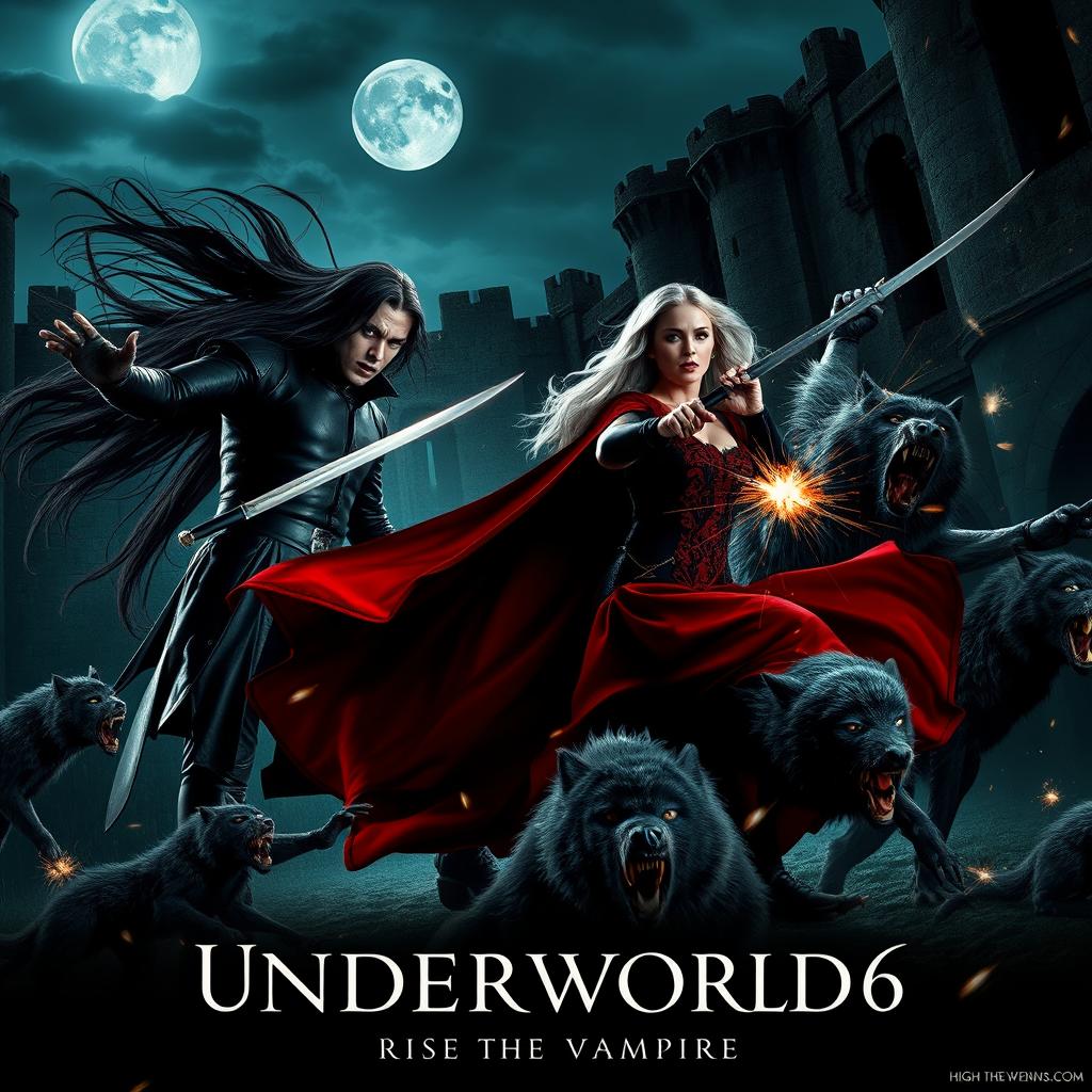A dramatic scene from a fictional movie titled "Underworld 6: Rise of the Vampire," featuring a fierce battle between vampires and werewolves in a dark, gothic setting
