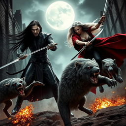 A dramatic scene from a fictional movie titled "Underworld 6: Rise of the Vampire," featuring a fierce battle between vampires and werewolves in a dark, gothic setting