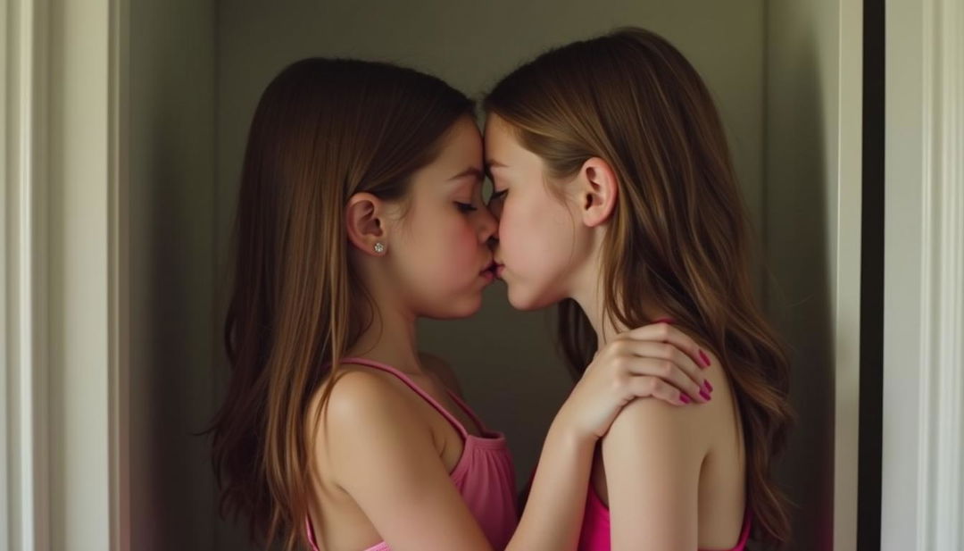 A heartfelt image of two tween girls with brown hair facing each other in an empty closet