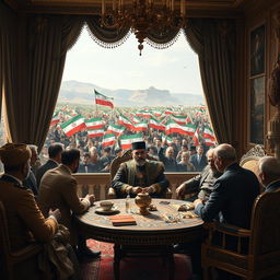 A historical scene depicting Nasser al-Din Shah of Persia in a lavish royal palace negotiation space, surrounded by Persian luxurious decor and traditional elements