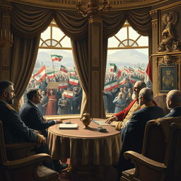 A historical scene depicting Nasser al-Din Shah of Persia in a lavish royal palace negotiation space, surrounded by Persian luxurious decor and traditional elements