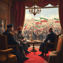 A historical scene depicting Nasser al-Din Shah of Persia in a lavish royal palace negotiation space, surrounded by Persian luxurious decor and traditional elements