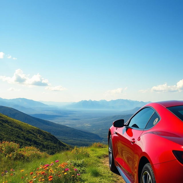 A stunning scenic view of a car parked on top of a lush green hill, overlooking a vast valley filled with colorful wildflowers