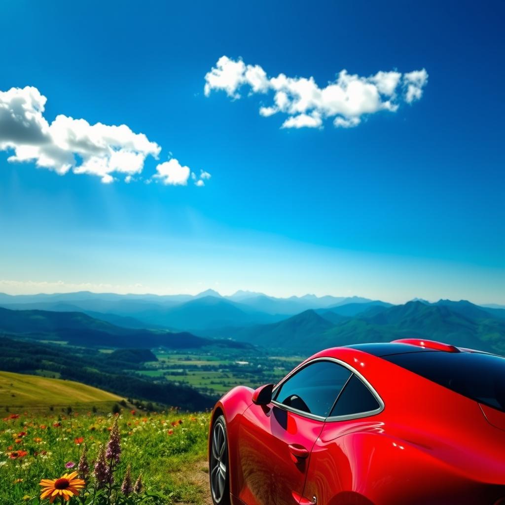 A stunning scenic view of a car parked on top of a lush green hill, overlooking a vast valley filled with colorful wildflowers