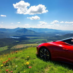 A stunning scenic view of a car parked on top of a lush green hill, overlooking a vast valley filled with colorful wildflowers