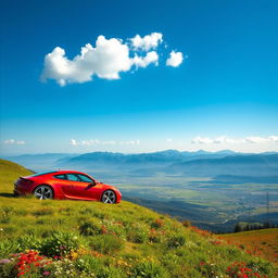 A stunning scenic view of a car parked on top of a lush green hill, overlooking a vast valley filled with colorful wildflowers