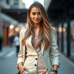 A stunning portrait of a fashionable woman in a front pose, showcasing her confident demeanor and stylish outfit