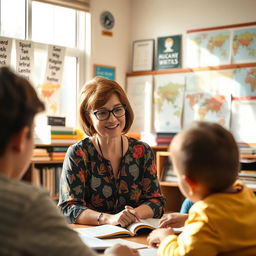 A warm and engaging language teacher in a cozy classroom setting, surrounded by books and educational materials