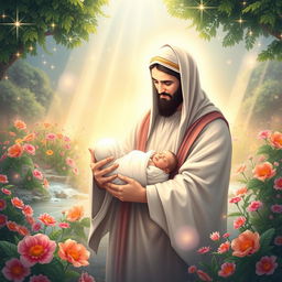 A beautiful and serene depiction of the birth of Fatimah, illustrated with a soft white and undefined facial features, cradled in the arms of Prophet Muhammad, who also has a gentle, undefined face in a pure white hue
