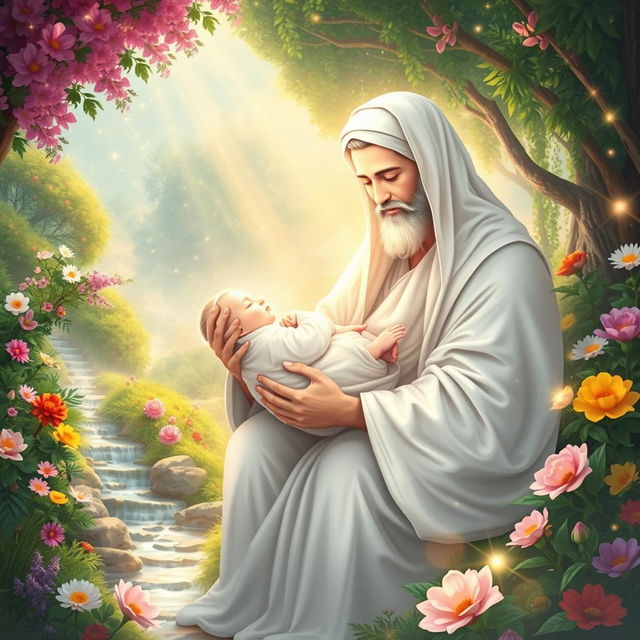 A beautiful and serene depiction of the birth of Fatimah, illustrated with a soft white and undefined facial features, cradled in the arms of Prophet Muhammad, who also has a gentle, undefined face in a pure white hue